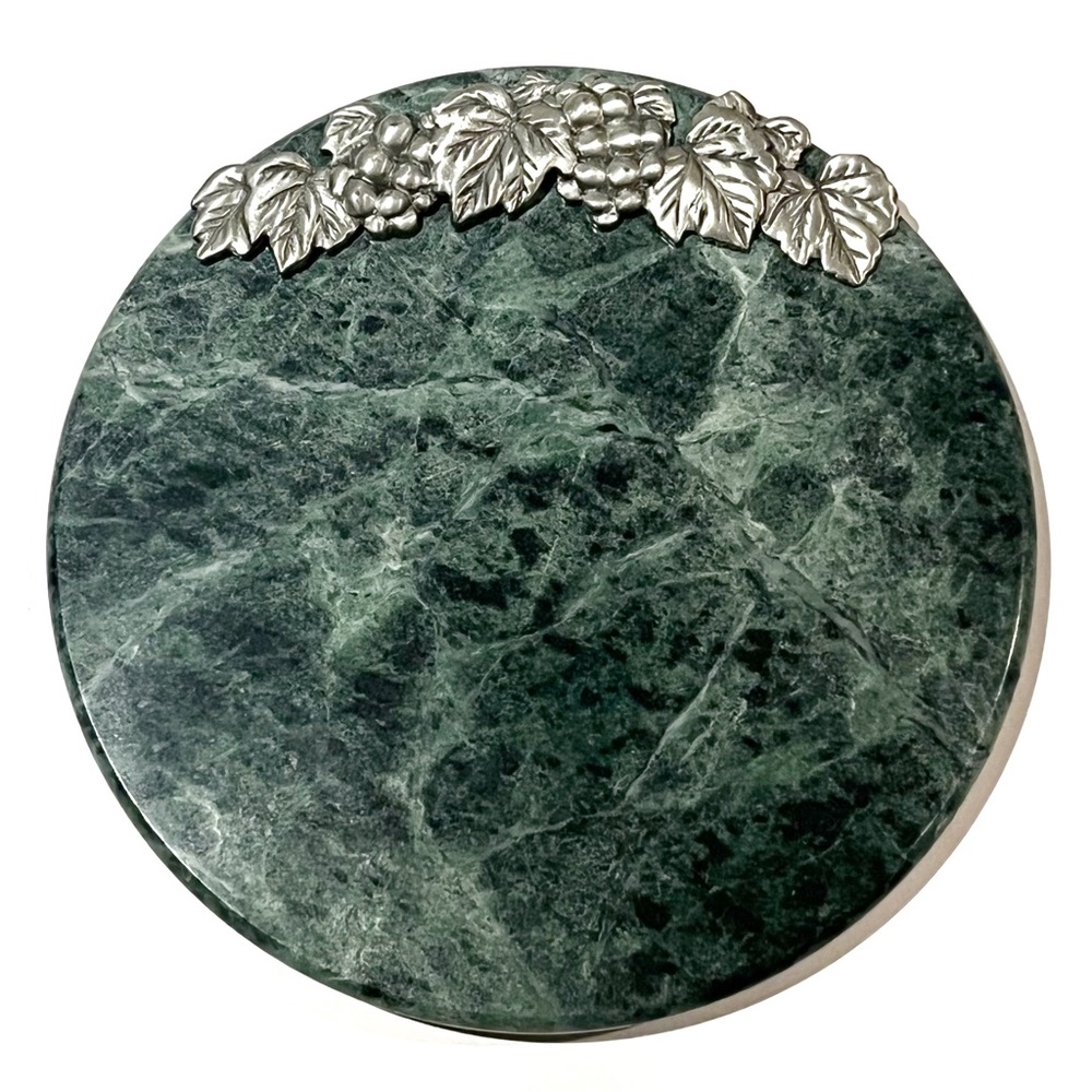 Vintage Green Marble Trivet Hot Plate Serving Stand Silver Grape Vine Leaves